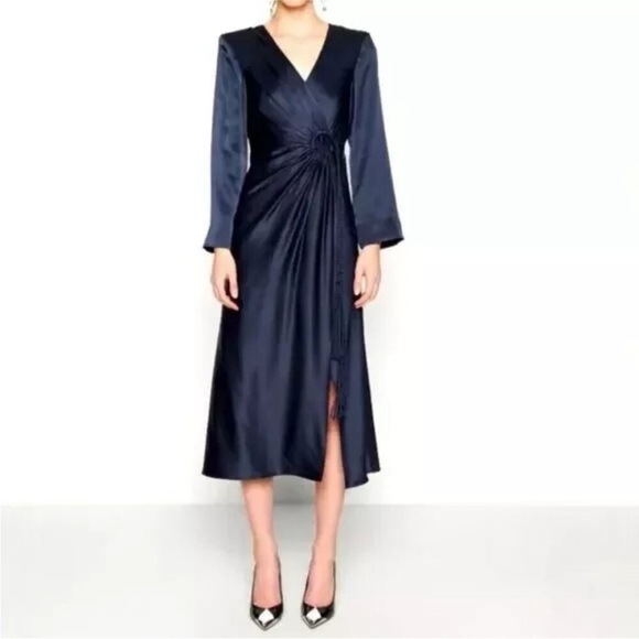 Cinq A Sept Serena Long Sleeve Navy Blue Silk Dress - Picture 1 of 17